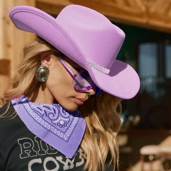 2192 3pcs Rhinestone Cowboy Hat For Women With Bandana, Heart Sunglasses Set, main image 7